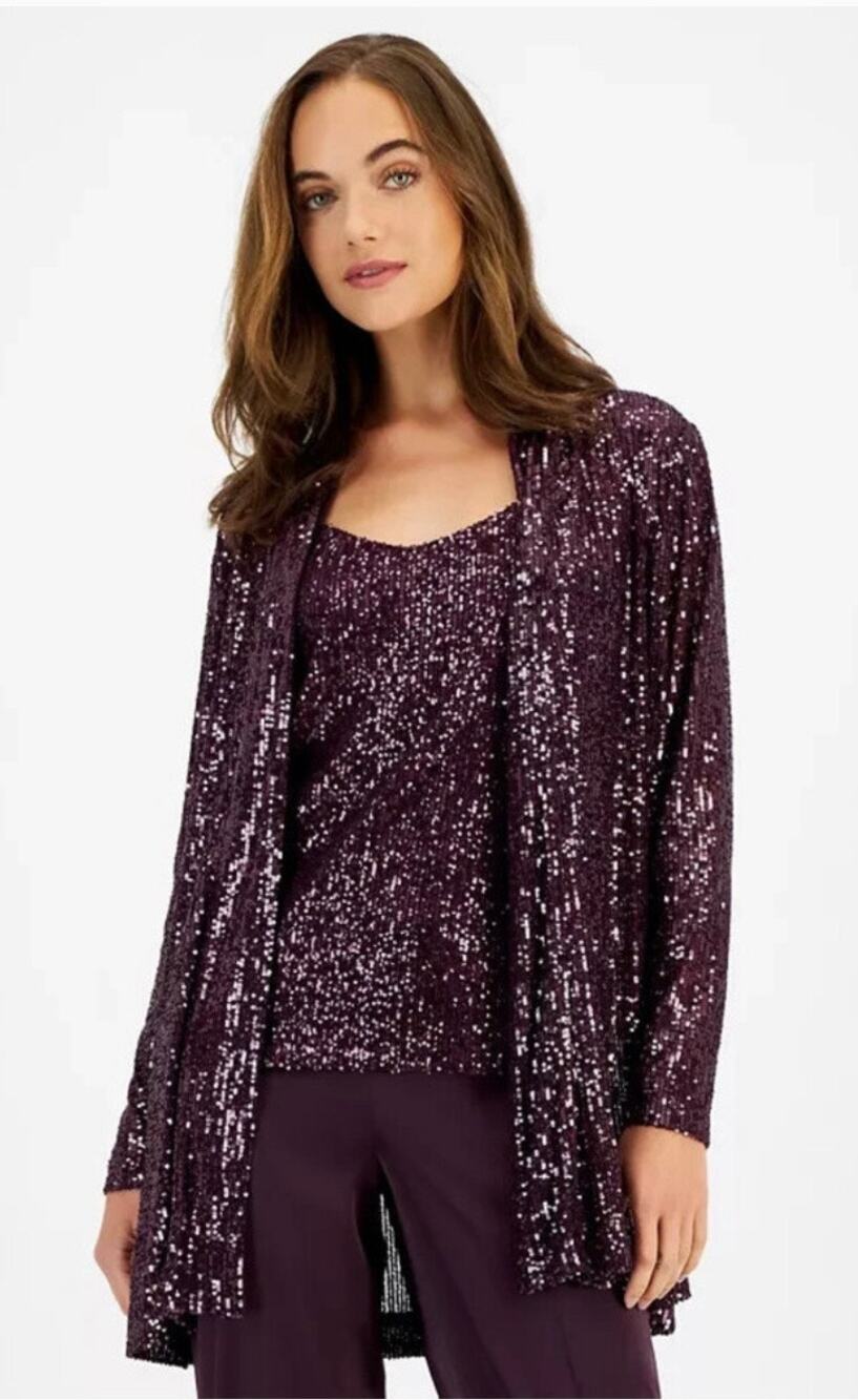 Anne Klein Deep Plum Sequin Embellished Open Front Jacket Jacket L NWT
